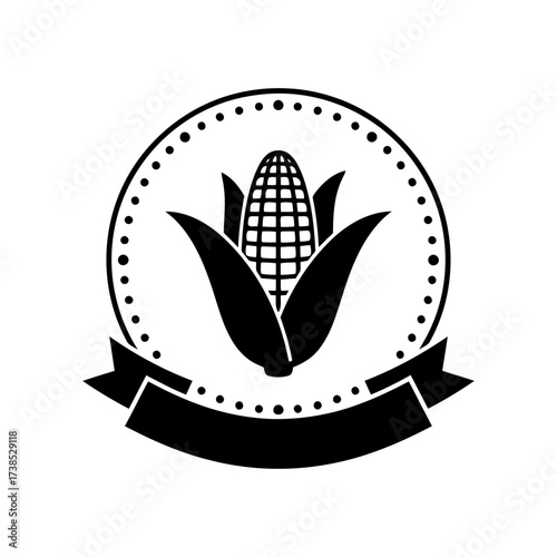Vector art of single stylized corn cob in a circular frame with a banner below