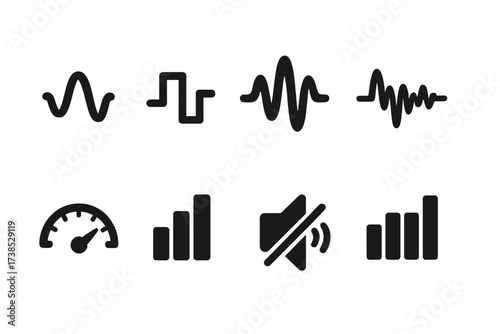 Audio Signal Icons. Solid, filled icon set of audio signals: analog signal, digital signal, sound wave, waveform, decibel meter, signal bars, noise reduction,
