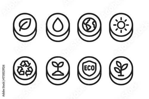 Eco-Friendly Icon Set. Outline icon set of balm tin natural and organic themes: leaf emblem, water drop, sun icon, earth globe, recycling symbol, seedling, eco