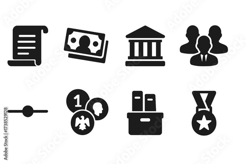 Central Bank Icon Set. Solid, filled icon set of central bank history: founding document, old banknotes, historical building, past governors, timeline, vintage