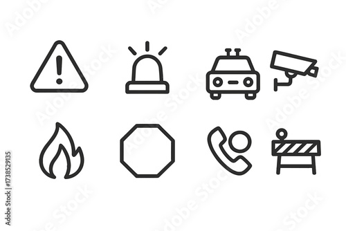 Border Incident Icons. Outline icon set of border incidents and alerts: warning sign, alarm bell, police car, camera, fire, stop sign, emergency phone,