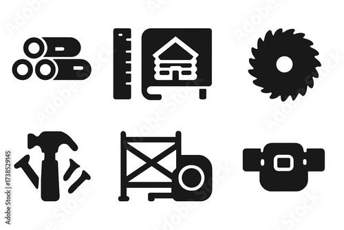 Log Cabin Icons. Solid, filled icon set of log cabin construction: log pile, carpenter?s square, blueprint, saw blade, hammer and nails, scaffolding, measuring