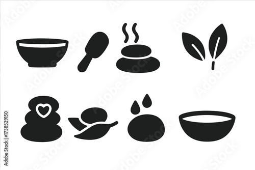 Hot Stone Spa Icons. Solid, filled icon set of hot stone wellness: spa bowl, massage brush, hot stone with steam, herbal leaves, stone with heart symbol, stone