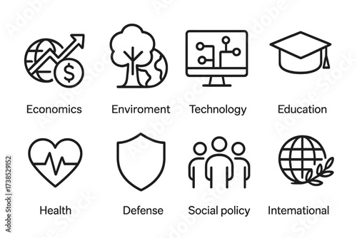 Think Tank Icons. Outline icon set of think tank expertise areas: economics, environment, technology, education, health, defense, social policy, international