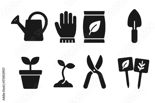 Herbal Gardening Icons. Solid, filled icon set of herbal gardening: watering can, garden gloves, seed packet, trowel, plant pot, sprouting seedling, garden