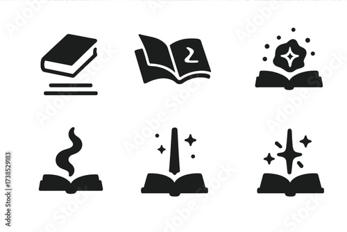 Magical Book Icons. Solid, filled icon set of book-related magical effects: book levitation, page flipping, glowing rune, smoke rising, magical aura, light