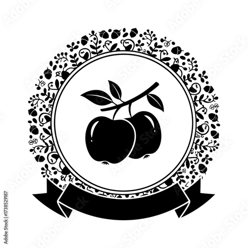 Vector art of black and white illustration of two apples on a branch within a floral circular frame and a banner