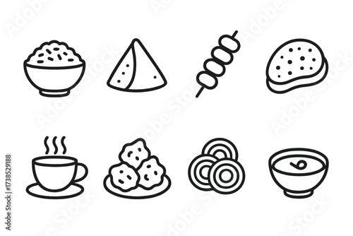 Pakistani Food Icons. Outline icon set of Pakistani food: biryani, samosa, kebab, naan bread, chai tea, pakora, jalebi, chutney bowl. Line icons in only black