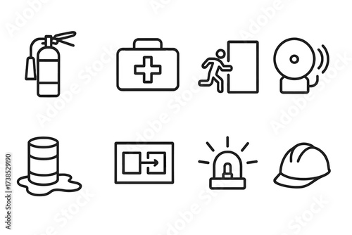 Emergency Icon Set. Outline icon set of weapon crate emergency response: fire extinguisher, first aid kit, emergency exit, alarm bell, spill containment,