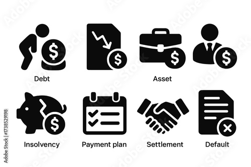 Financial Terms Icons. Solid, filled icon set of bankruptcy financial terms: debt, liability, asset, creditor, insolvency, payment plan, settlement, default.