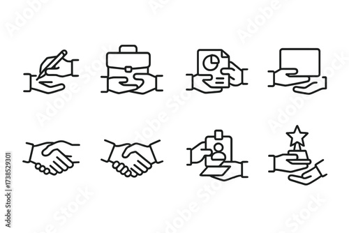 Business and Sports Icons. Outline icon set of hand over in business: signing contract, exchanging briefcase, handing over report, passing tablet, shaking