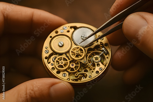 Close up detailed macro view of a person hand carefully holding a mechanical wristwatch showing fine craftsmanship design gears and small engineering parts