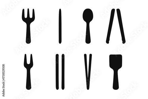 Appetizer Utensil Icons. Solid, filled icon set of appetizer utensils: cocktail fork, toothpick, small spoon, serving tongs, mini fork, skewers, chopsticks,