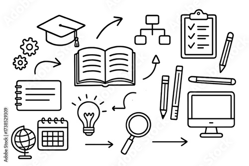 Educational Icon Doodles. Hand-drawn doodle illustration education framework book, graduation cap, flowchart, checklist, clipboard, pencil, ruler, computer