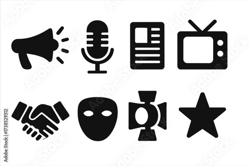Influence Icon Set. Solid, filled icon set of propaganda and influence: megaphone, microphone, newspaper, TV screen, handshake, mask, spotlight, star. Solid,
