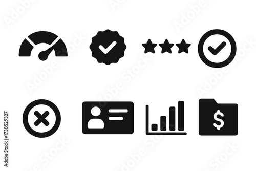 Credit Score Icons. Solid, filled icon set of credit score: credit meter, score badge, rating stars, approval stamp, decline mark, ID card, financial chart,