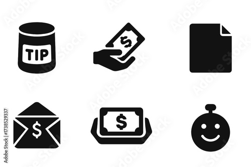 Cash Tips Icons. Solid, filled icon set of cash tips and gratuity: tip jar, hand giving money, dollar coin, thank you note, cash envelope, tip tray, smiling