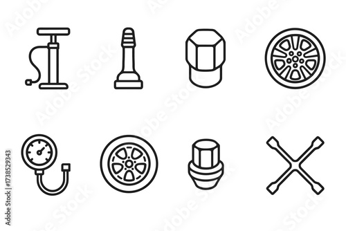 Circular Icon Collection. Outline icon set of wheel accessories: tire pump, valve stem, lug nut, hubcap, tire pressure gauge, rim, wheel lock, wheel brace.