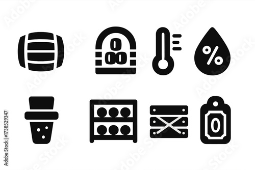 Rum Aging Icons. Solid, filled icon set of rum storage and aging: oak barrel, cellar, temperature gauge, humidity sensor, cork stopper, bottle rack, wooden