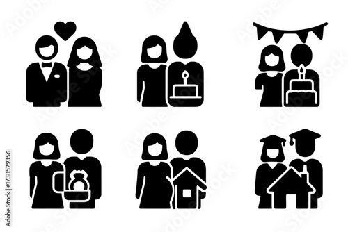 Celebration Icons Grid. Solid, filled icon set of couple celebrations: wedding, anniversary, birthday, holiday, engagement party, baby shower, housewarming,