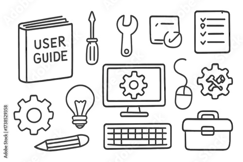 Doodle Tech Toolkit. Hand-drawn doodle illustration user guide manual book, screwdriver, wrench, checklist, computer screen, mouse, keyboard, light bulb, gear,