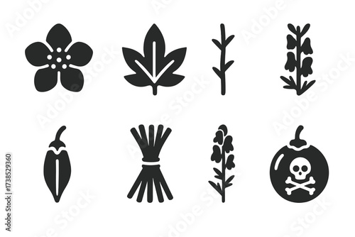 Wolfsbane Plant Icon Set. Solid, filled icon set of wolfsbane plant parts: wolfsbane flower, leaf, stem, root, seed pod, dried bundle, blooming plant, toxic