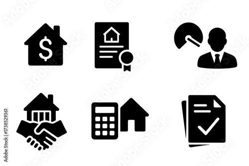 Home Loan Icons. Solid, filled icon set of home loans: home with dollar sign, loan document, amortization chart, credit score gauge, bank officer, house