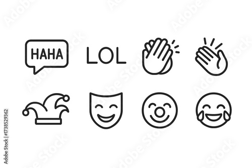 Laughter Icon Set. Outline icon set of laughter sounds and reactions: haha text bubble, LOL abbreviation, clapping hands, applause, funny hat, comedy mask,