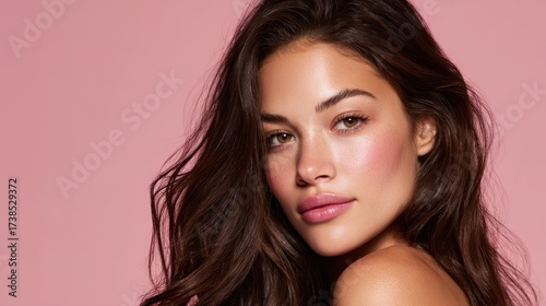 Young woman confidently presenting her glowing skin and natural beauty with perfect makeup and healthy long hair on a soft pink background