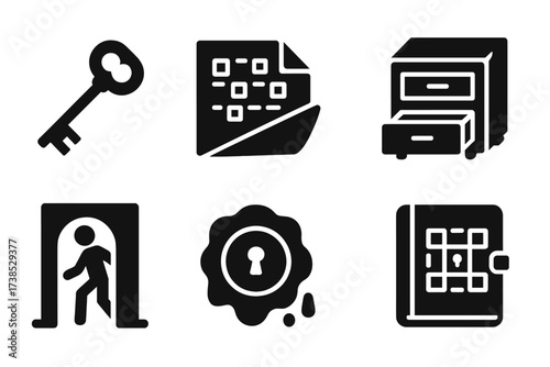 Hidden Secrets Icon Set. Solid, filled icon set of hidden secrets: old key, coded letter, false book, hidden drawer, secret passage, wax seal, lock puzzle,