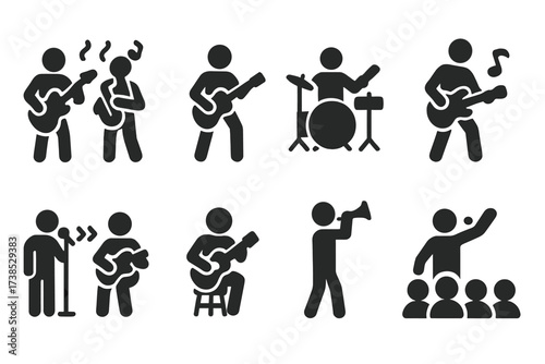 Jam Session Icons. Solid, filled icon set of jam session activities: improvisation, solo, rhythm, groove, call and response, tuning, warm-up, crowd