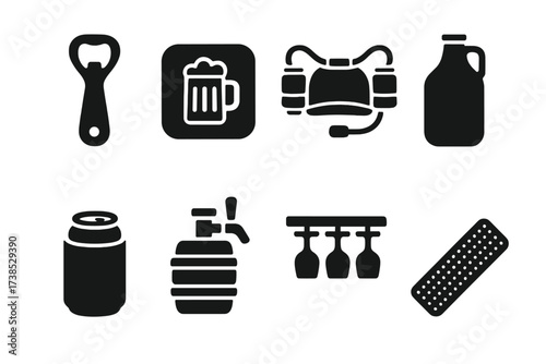 Beer Accessories Icons. Solid, filled icon set of beer accessories: bottle opener, coaster, beer helmet, growler, beer cozy, keg tap, glass rack, bar mat.