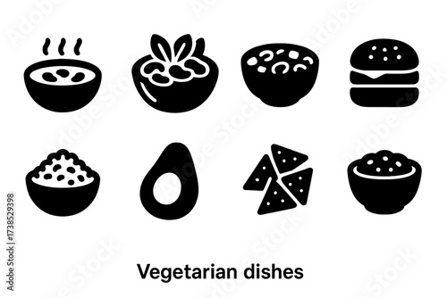 Vegetarian Dish Icons. Solid, filled icon set of vegetarian dishes: white bean soup, white bean salad, bean stew, veggie burger, rice bowl, avocado, tortilla