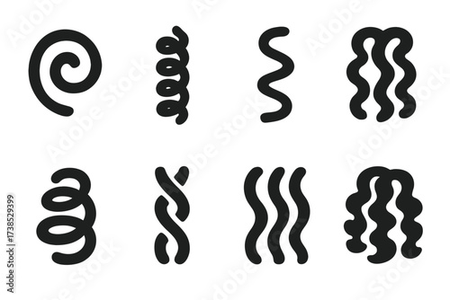 Ringlet Hair Patterns. Solid, filled icon set of ringlet hair patterns: spiral, corkscrew, zigzag, S-shaped, coiled, twisted, wavy ringlets, layered curls.