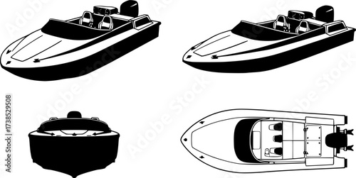 jet boat silhouette icons set side, front, back, and top views vector art illustration
