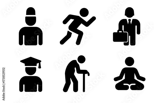 Roll-On User Icons. Solid, filled icon set of roll-on user types: adults, athletes, travelers, office workers, students, seniors, parents, wellness