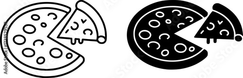 A simple black and white line drawing of a whole pizza with two slices removed, showing the remaining circular pie and the two separate slices.
