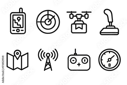 Supply Drop Navigation Icons. Outline icon set of supply drop navigation and control: GPS device, radar screen, flight controller, joystick, map, signal