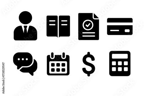 Credit Advice Icons. Solid, filled icon set of credit advice session: advisor, notebook, contract, credit card, calculator, speech bubbles, calendar, dollar