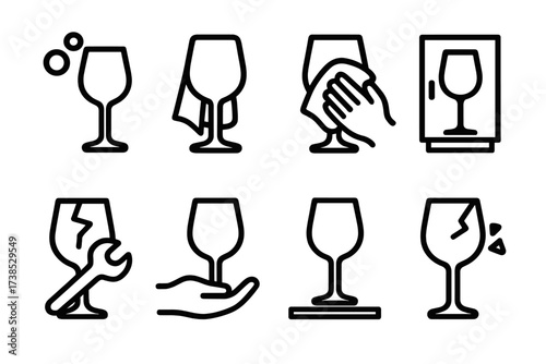 Wine Glass Care Icons. Solid, filled icon set of wine glass care: washing glass, drying glass, polishing glass, storing glass, repairing glass, carrying glass,