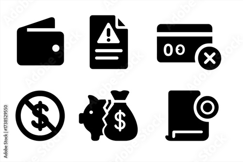 Personal Finance Icons. Solid, filled icon set of personal finance problems: empty wallet, overdue notices, zero balance card, rejected transaction, no funds