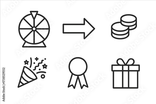 Luck Spinner Icons. Outline icon set of luck spinner: fortune wheel, pointer arrow, jackpot, coins, confetti, prize ribbon, trophy, gift box. Line icons in
