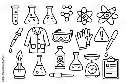 Science Lab Doodles. Hand-drawn doodle illustration chemical base test tube, beaker, flask, molecule, atom, pipette, lab coat, goggles, gloves, safety sign,
