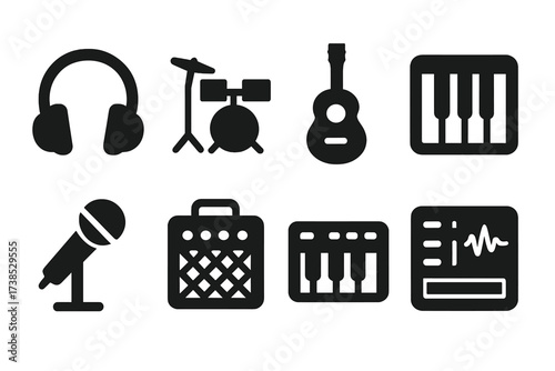Music Gear Icons. Solid, filled icon set of practice gear: headphones, drum kit, guitar, piano, microphone, amplifier, keyboard, music software. Solid, filled