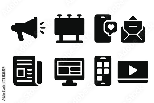 Brand Communication Icons. Solid, filled icon set of brand communication: advertisement, billboard, social media, email marketing, press release, website,