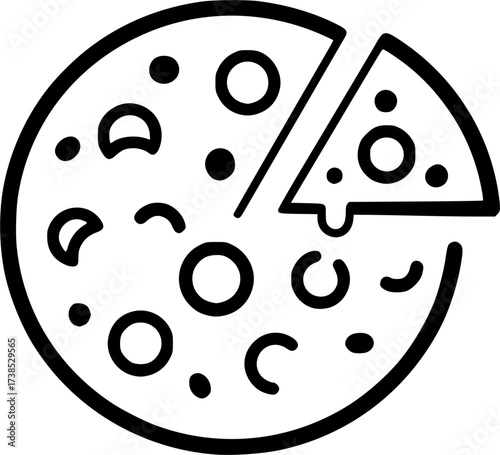 A simple black and white line drawing of a whole pizza with two slices removed, showing the remaining circular pie and the two separate slices.
