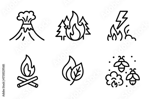 Fire Nature Icon Set. Outline icon set of fire in nature: volcano eruption, wildfire, lightning strike, campfire, burning leaves, smoldering coal, ember,