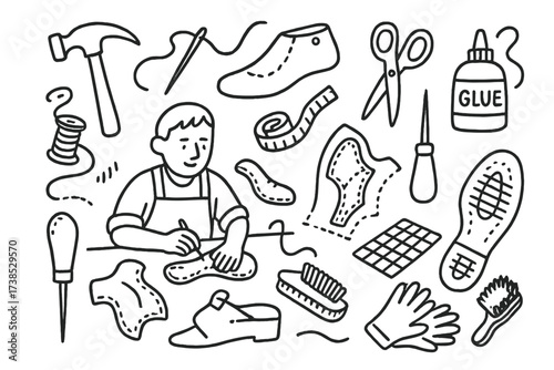 Shoemaker's Tool Doodles. Hand-drawn doodle illustration shoemaker leather, hammer, needle and thread, shoe last, scissors, glue, measuring tape, awl, cutting