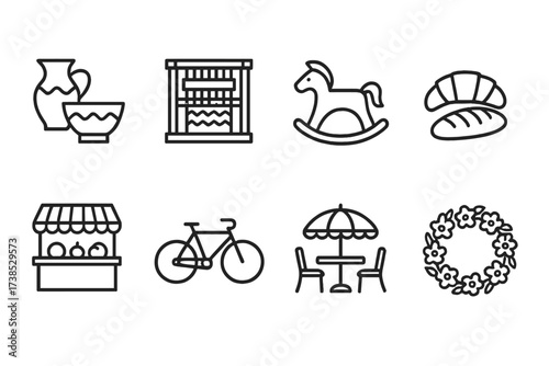 Scandinavian Icon Sets. Outline icon set of Austrian crafts and daily life: pottery, weaving loom, wooden toy, bakery, market stall, bicycle, street cafe,