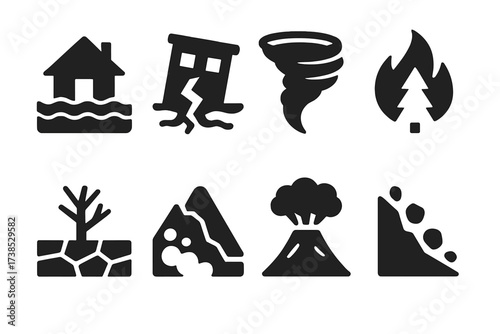 Environmental Hazard Icons. Solid, filled icon set of environmental hazards: flood, earthquake, tornado, wildfire, drought, avalanche, volcano eruption,
